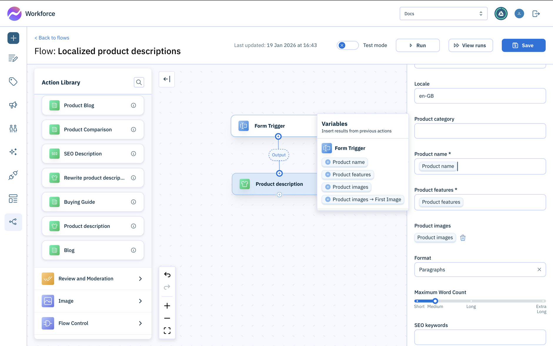 Configure the product description action to use the product name, features and images from the form trigger