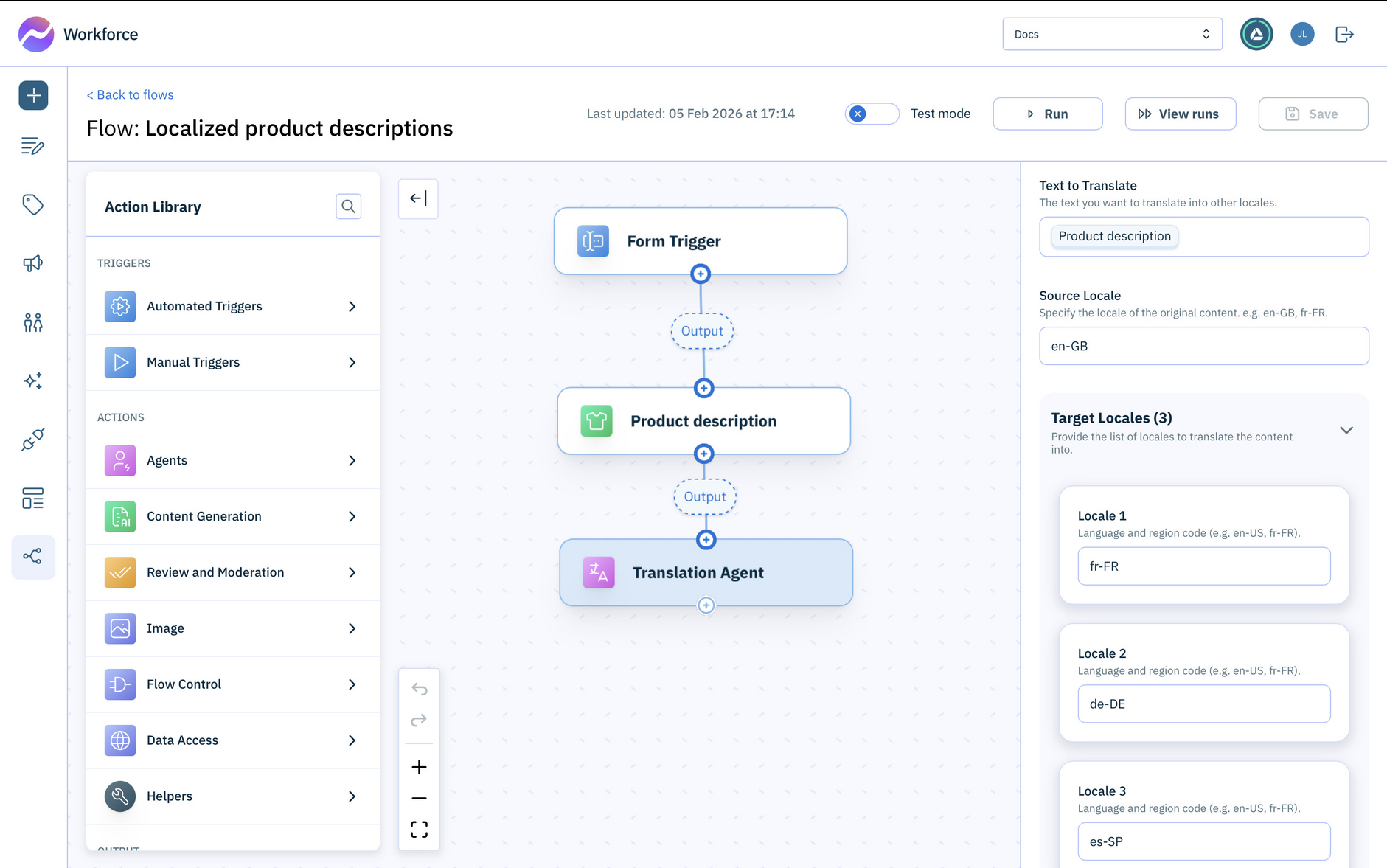 Add the translation agent and the locales that you want to generate the product description into