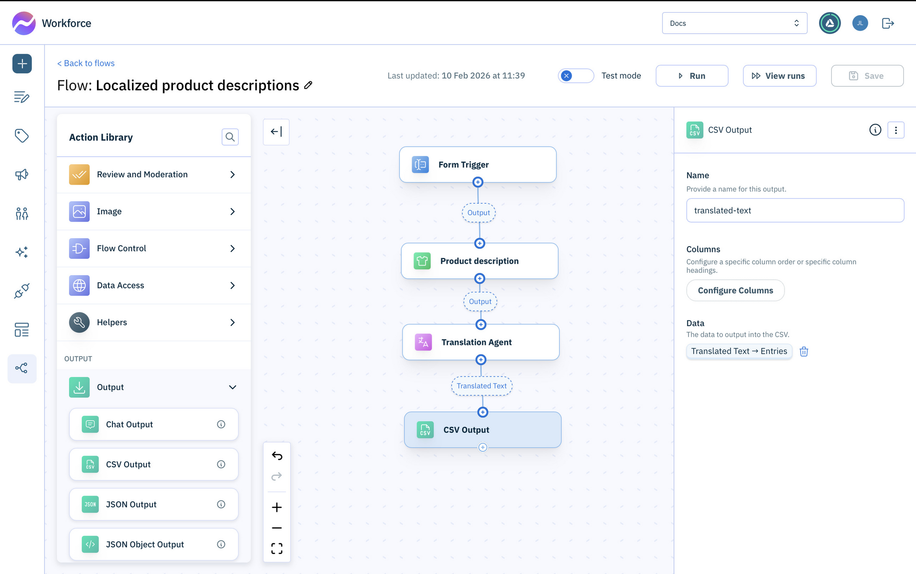 The CSV file will contain the output of the translation agent