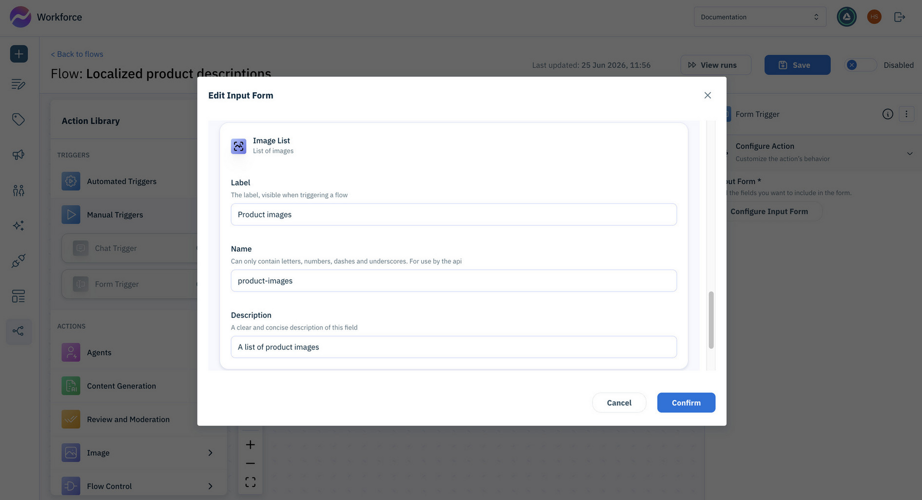 Configure the form action with fields for the product name, features and images