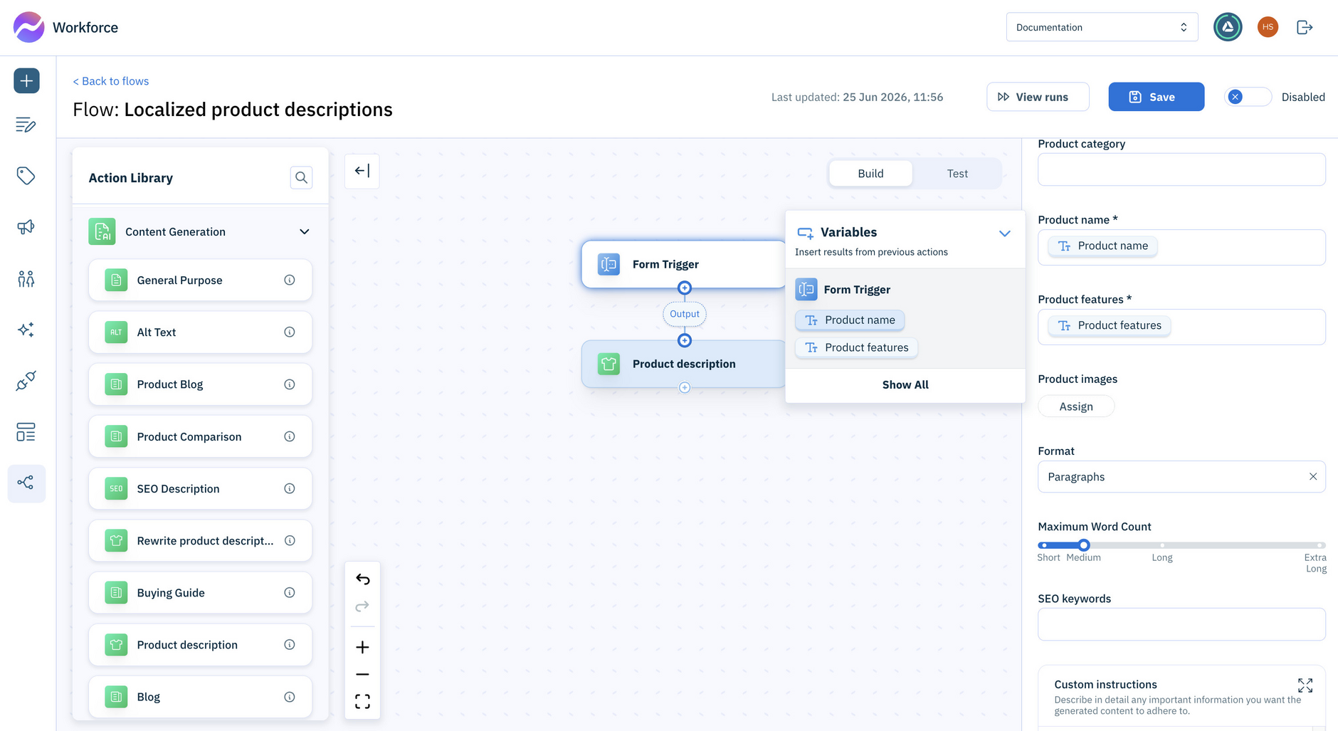 Configure the product description action to use the product name, features and images from the form trigger
