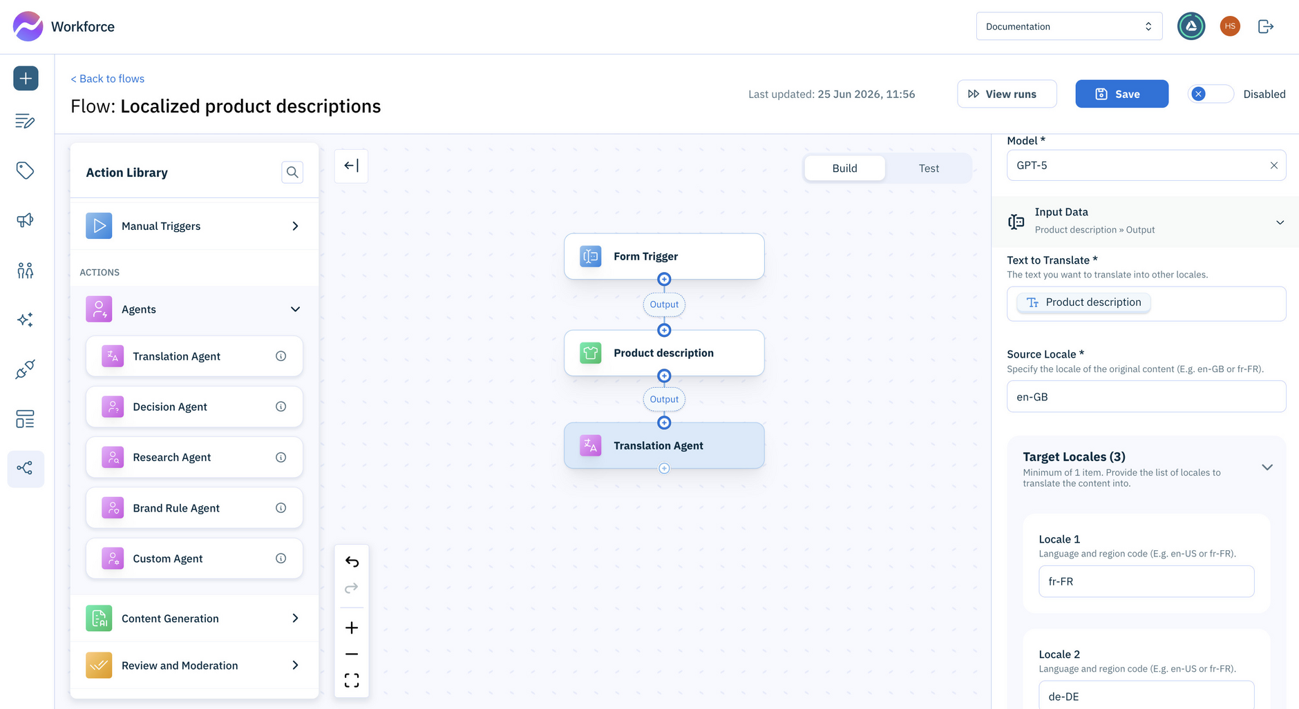 Add the translation agent and the locales that you want to generate the product description into