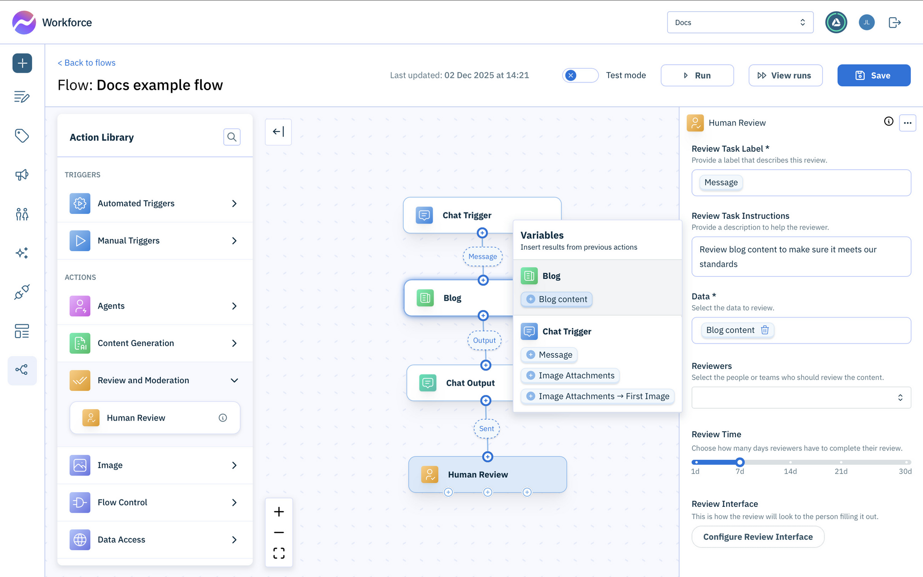 Add the human review action to review the generated blog content