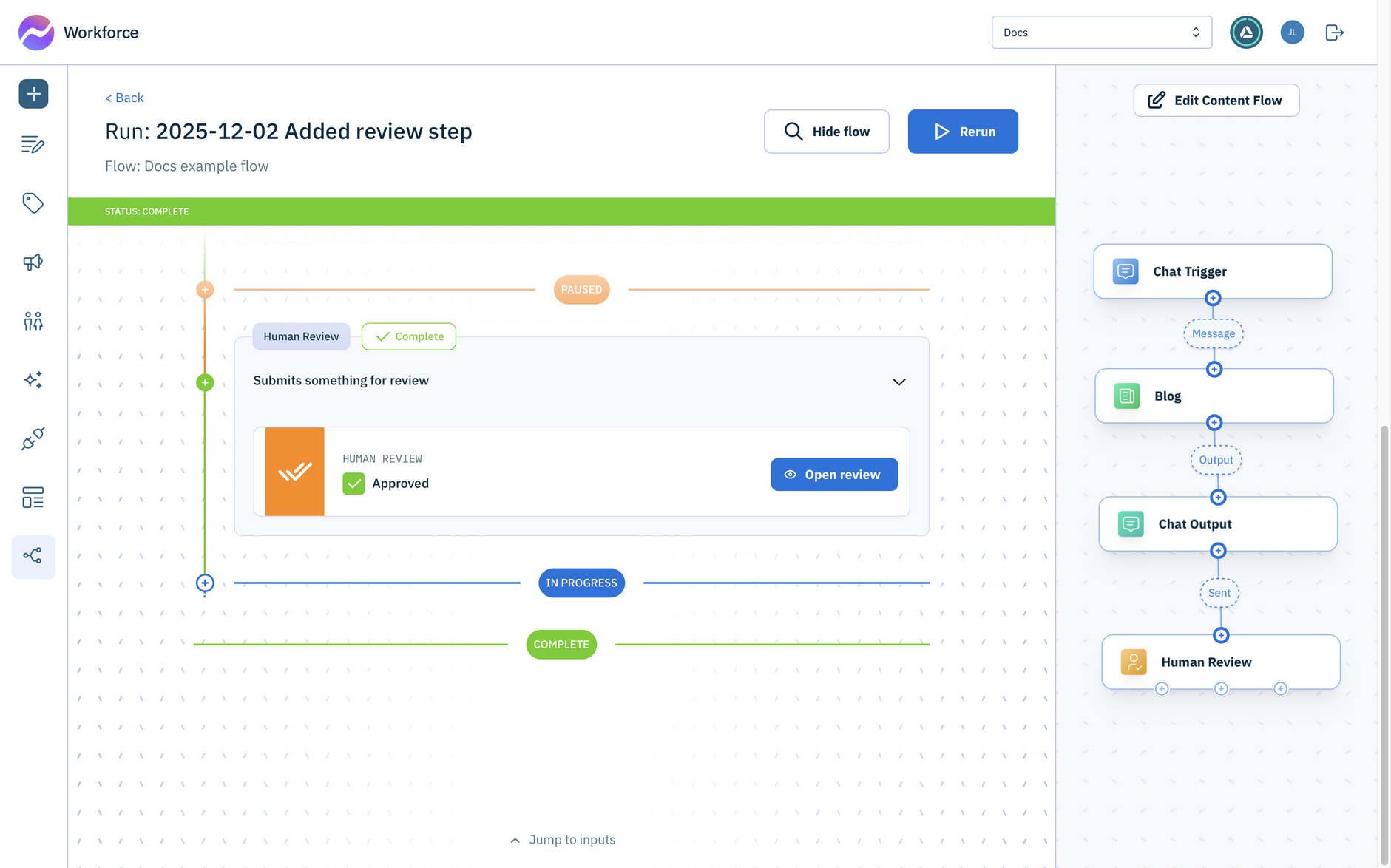The flow run is now complete and the content is shown as accepted or rejected