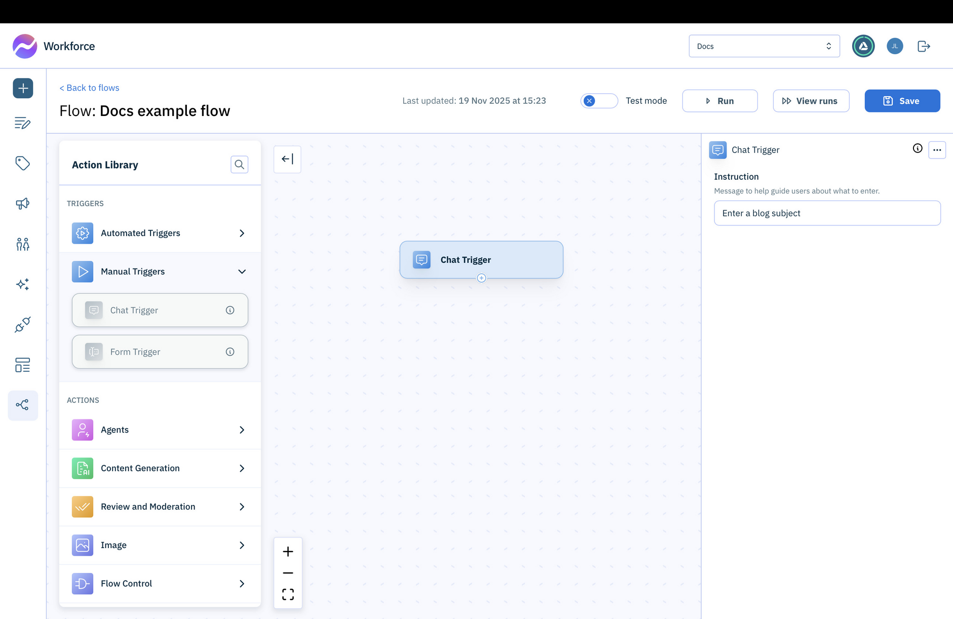 Add a Chat trigger action to the flow