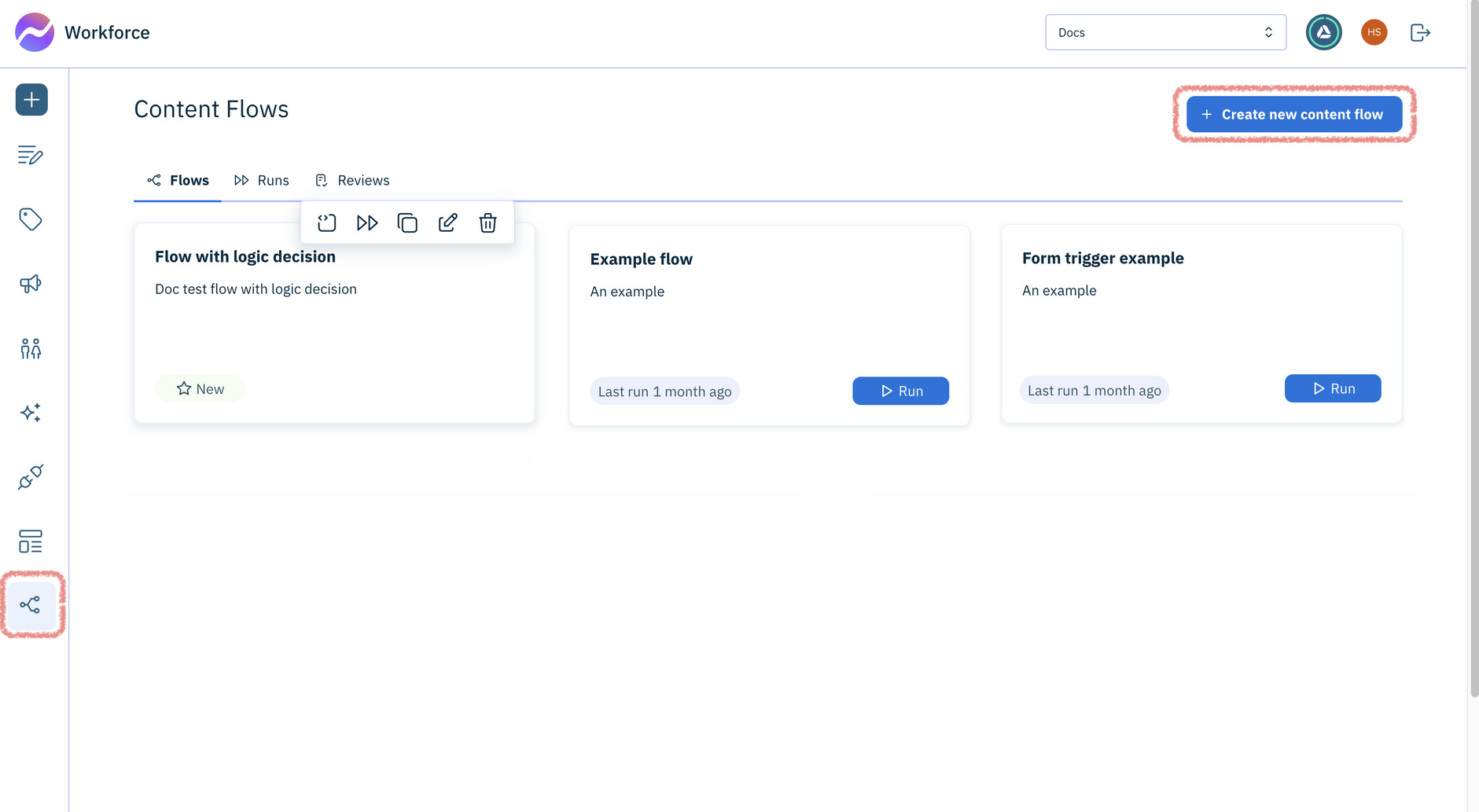 The flows list shows the flows on this hub