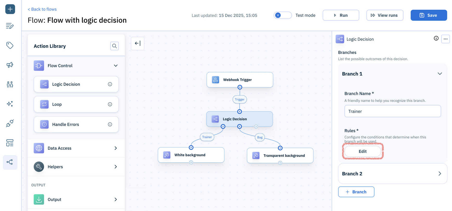 Logic Decision action example with two branches
