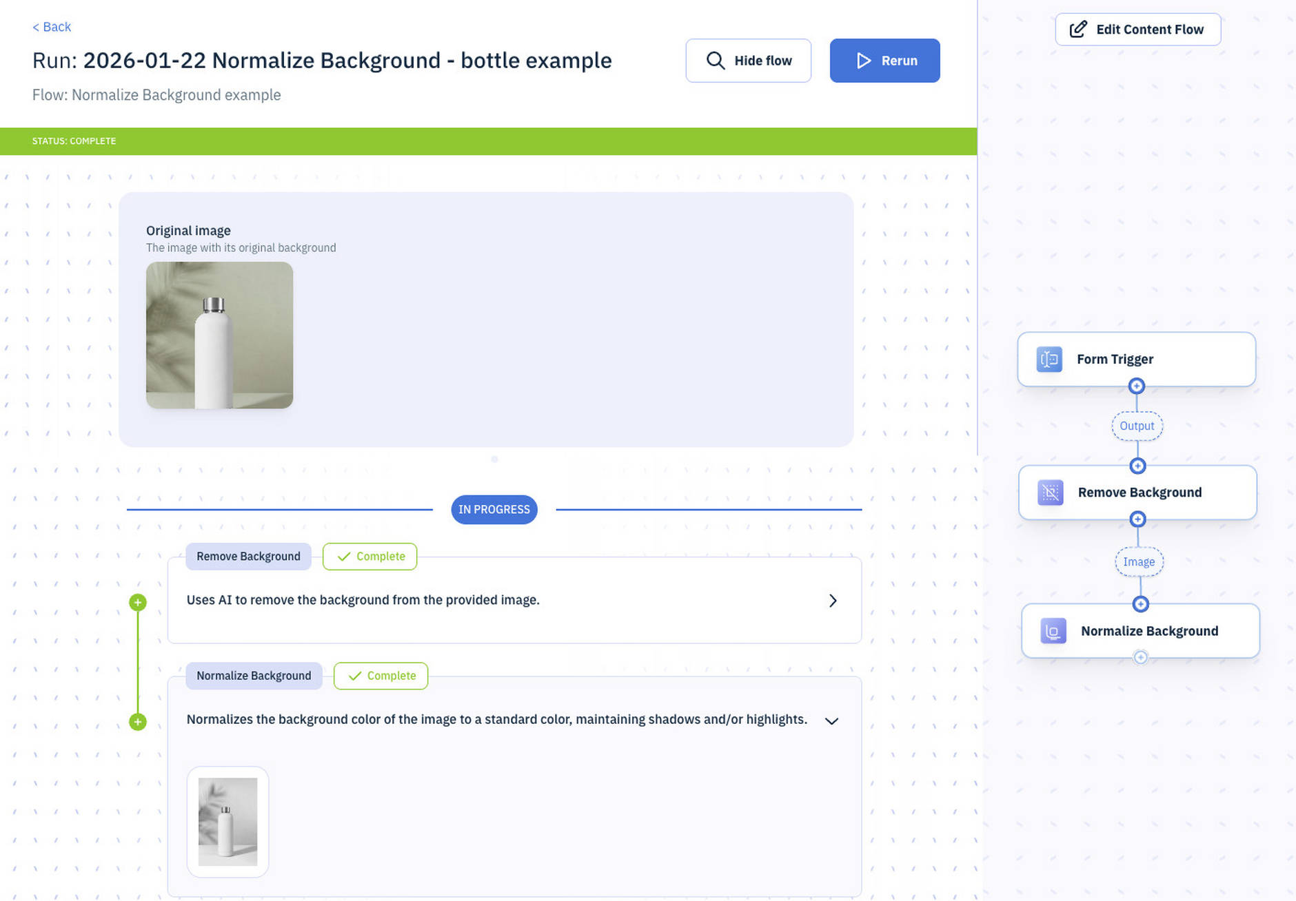 The Normalize Background action in use within a flow