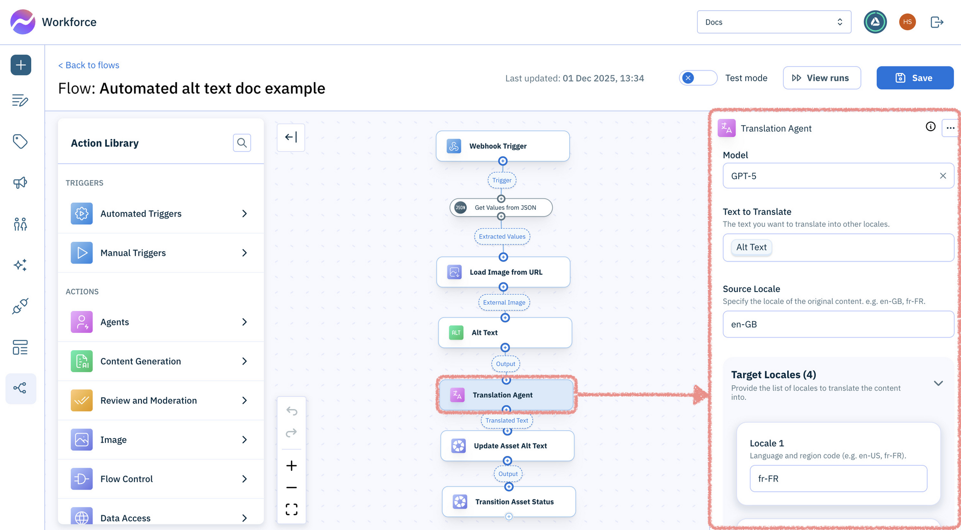 The action configuration panel shows the action input config for the selected action