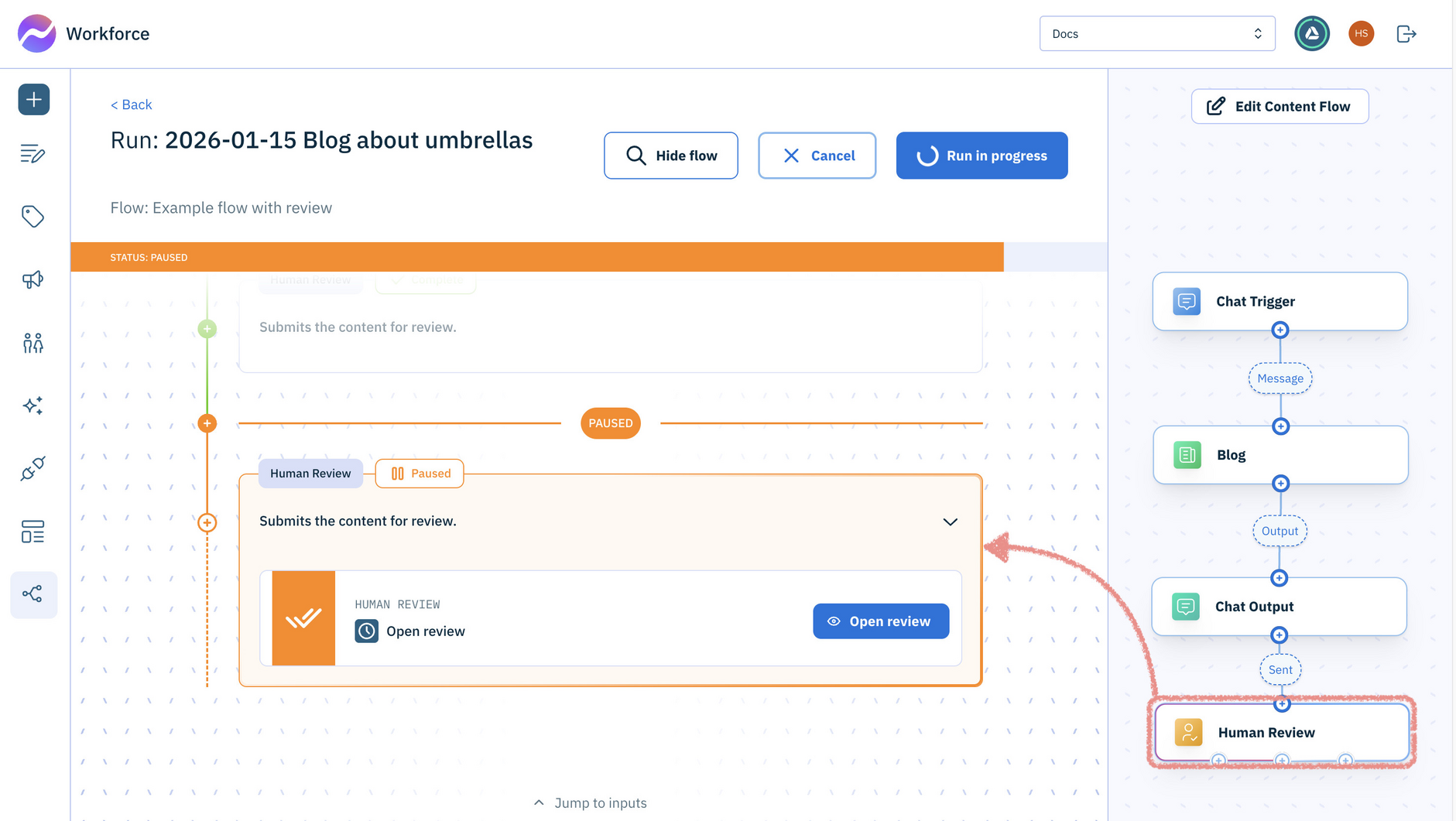 The flow is paused waiting for human review