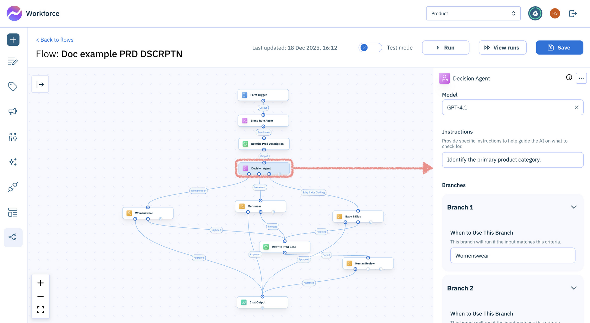 Decision Agent example with three branches