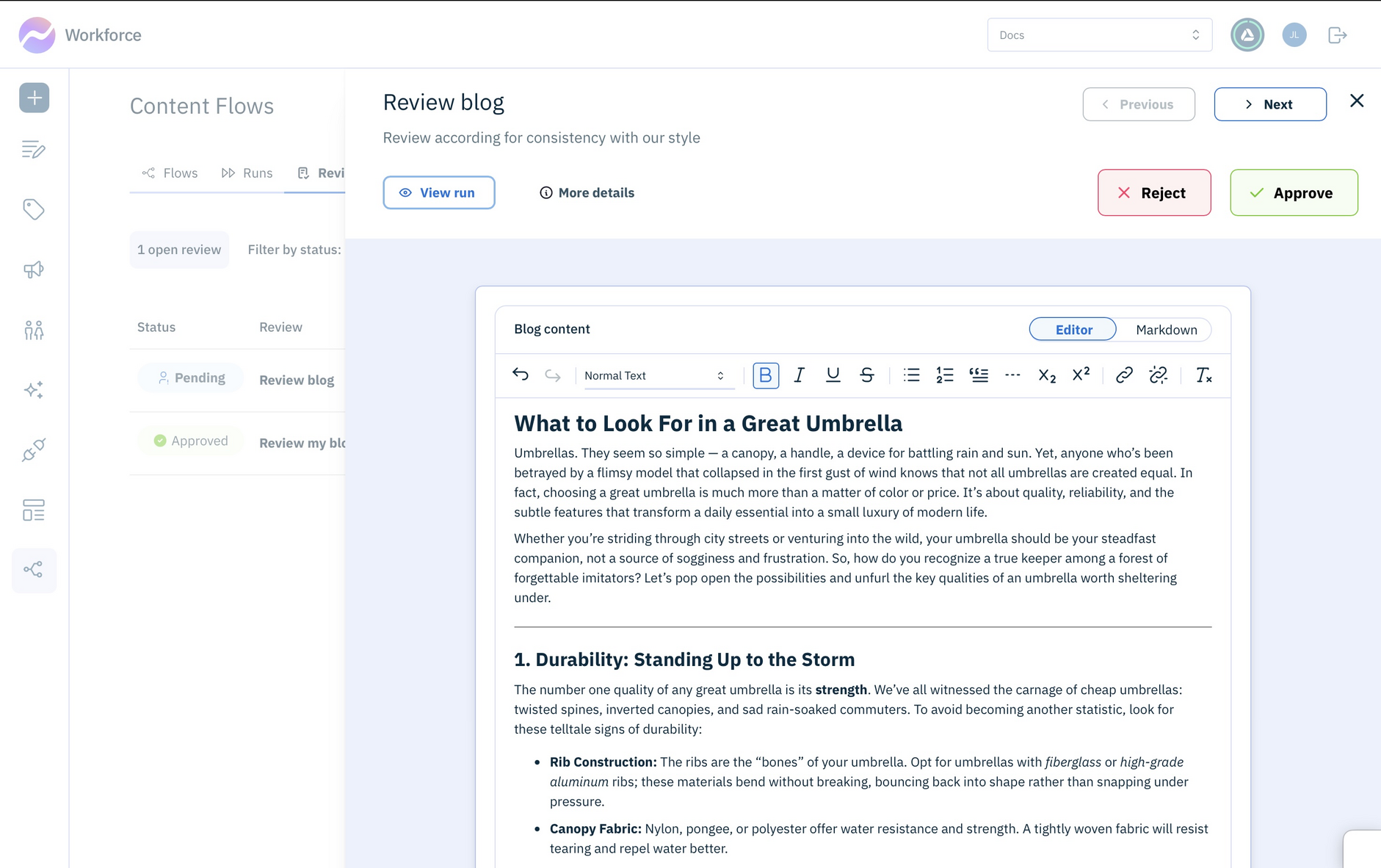The review drawer shows the content to accept or reject