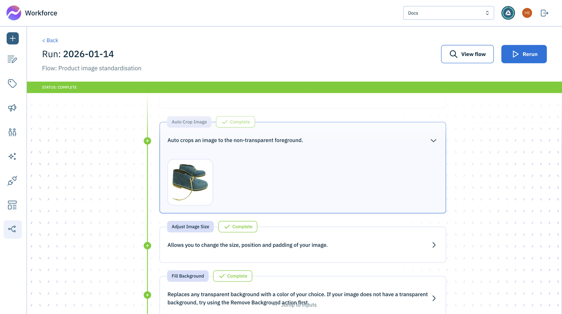 A run details window. Action cards include feedback on actions