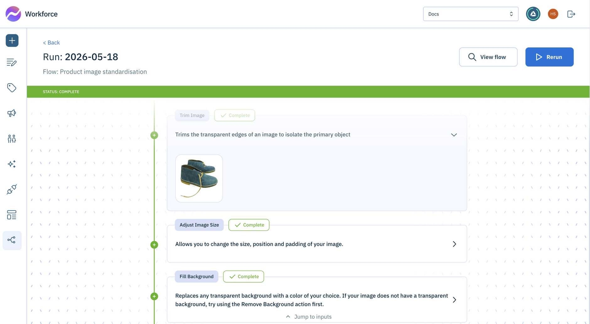 Workforce Flows with a run details window open