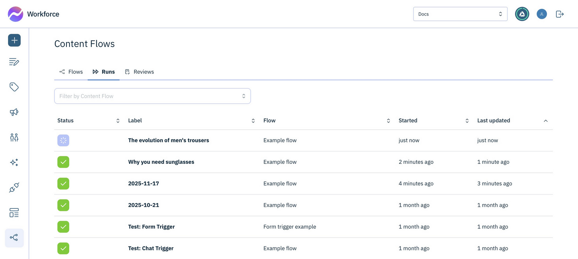 The Runs list. Click on a run to view it in more detail