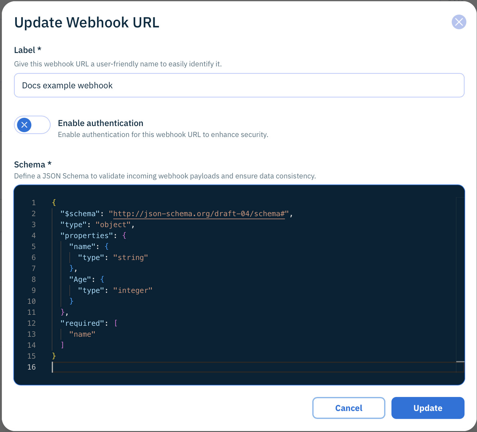Defining a JSON schema for the webhook payload
