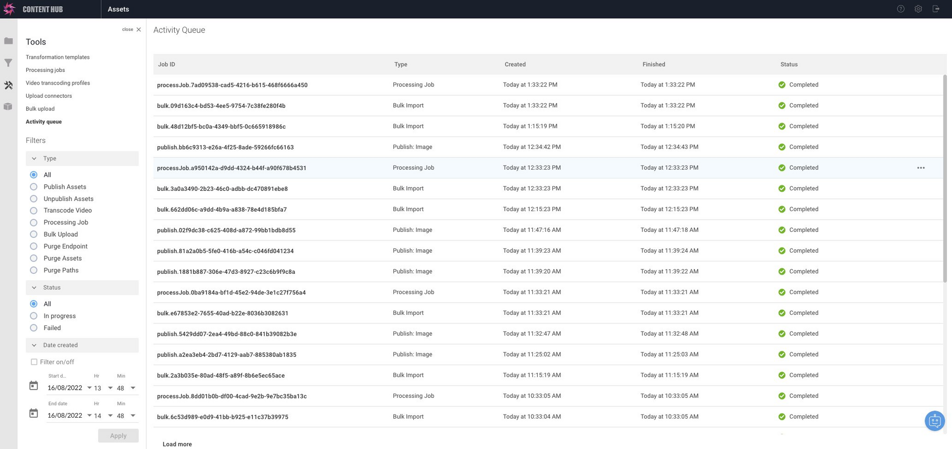 The Content Hub Activity Queue tool