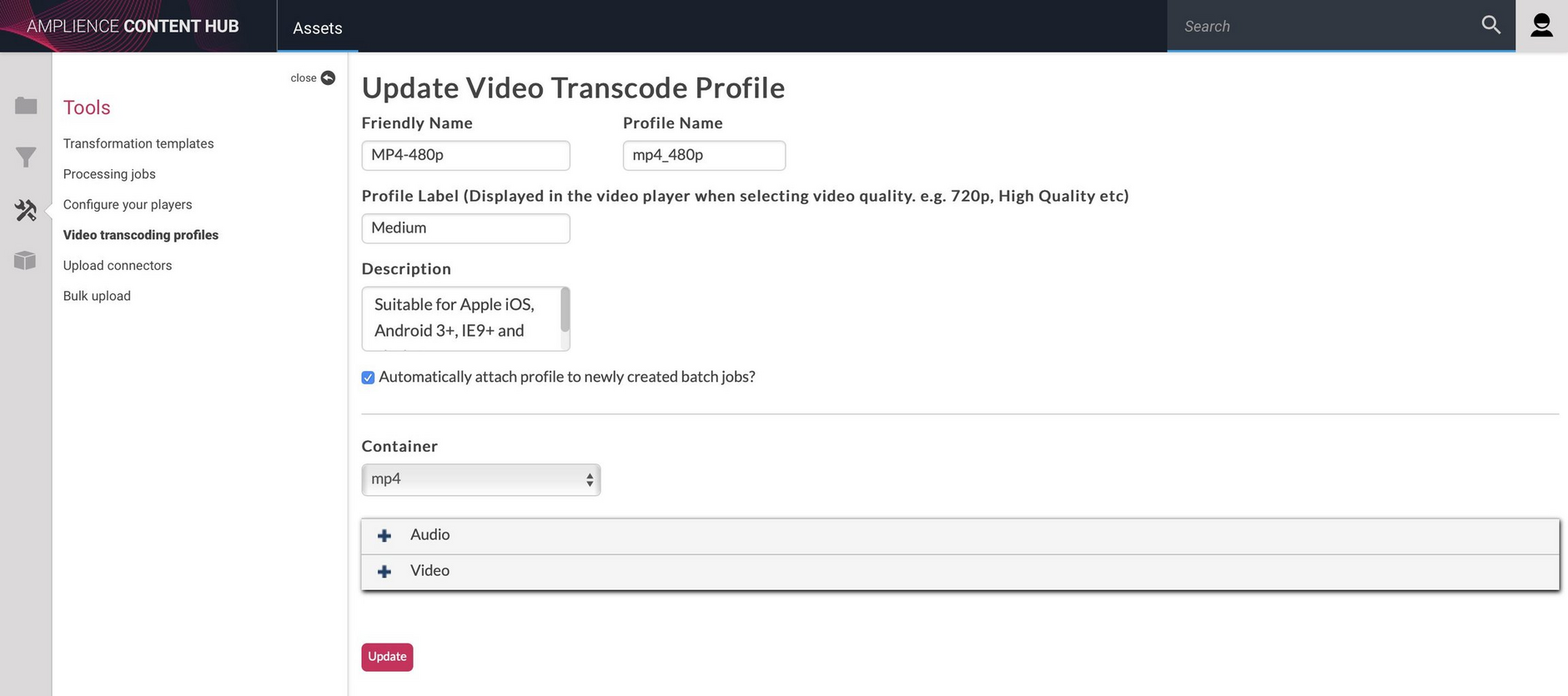 Updating a video transcoding profile
