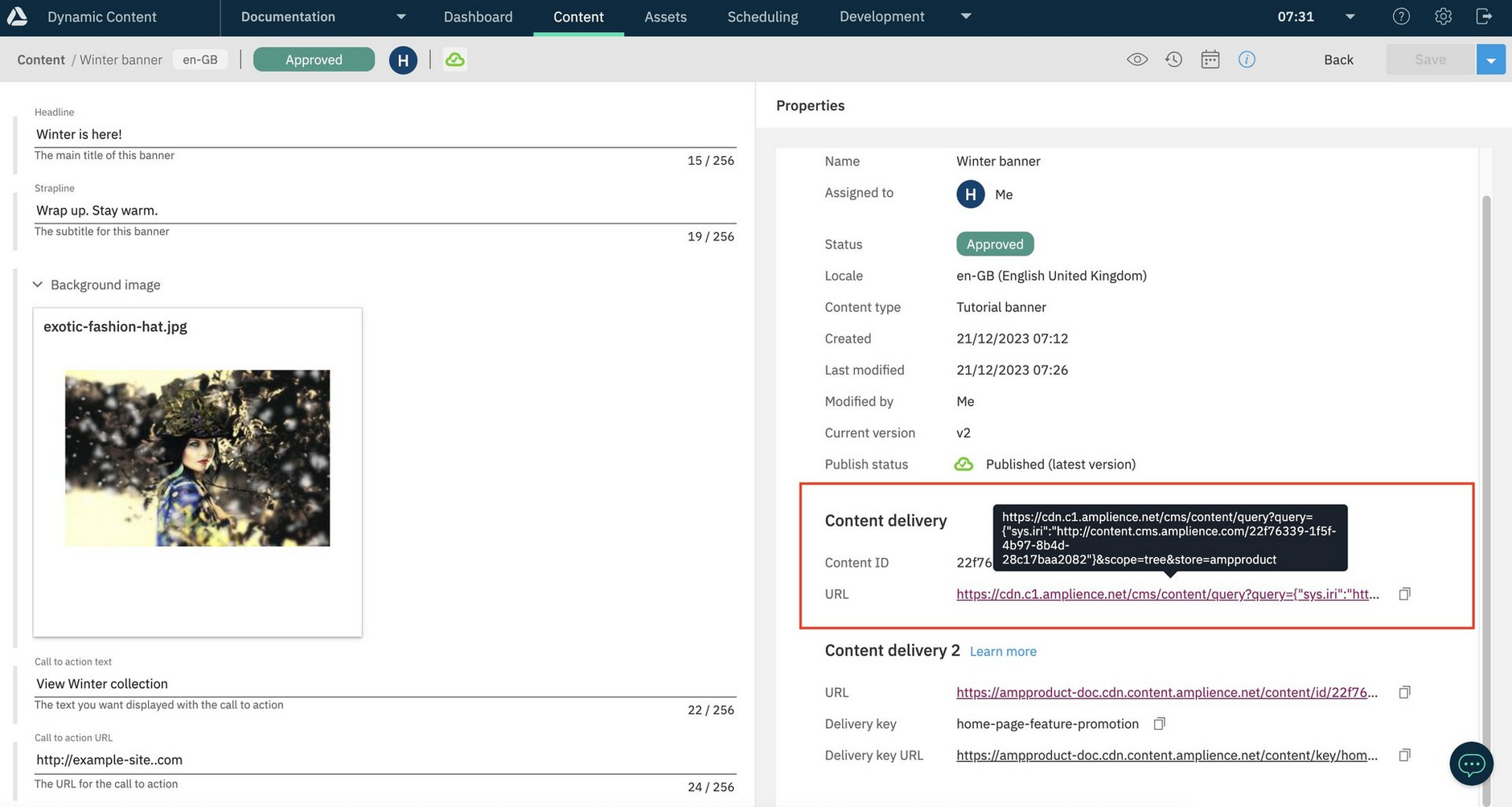 In the content delivery section you can view and copy the content ID and content delivery URL