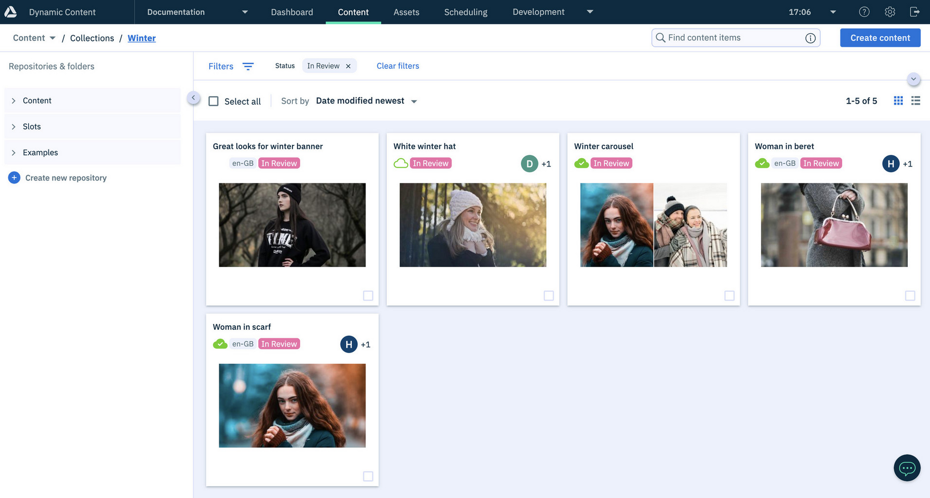 Filtering items by status in the Content Library. Showing only items with a status of draft