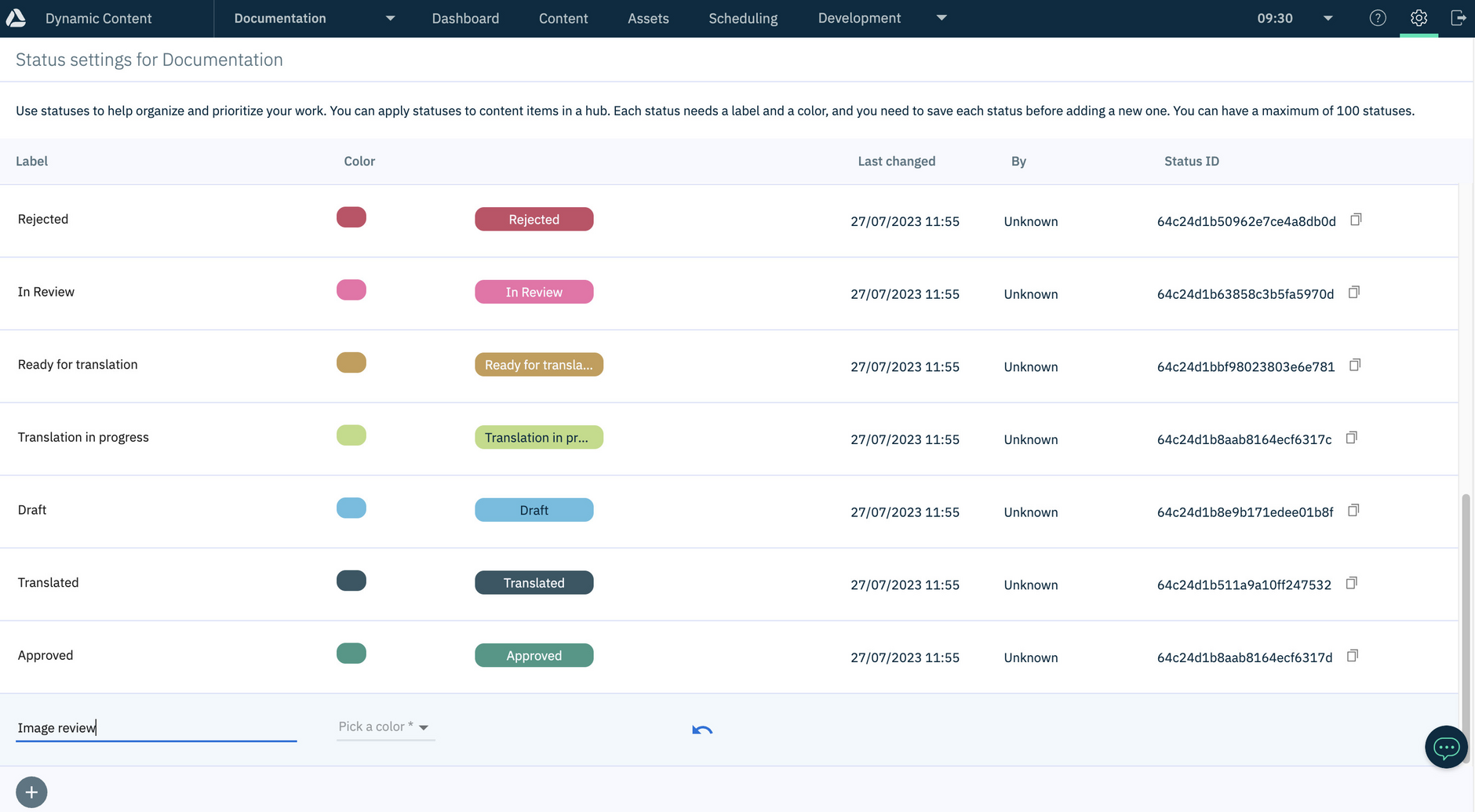 Adding the label and choosing a color for a new status