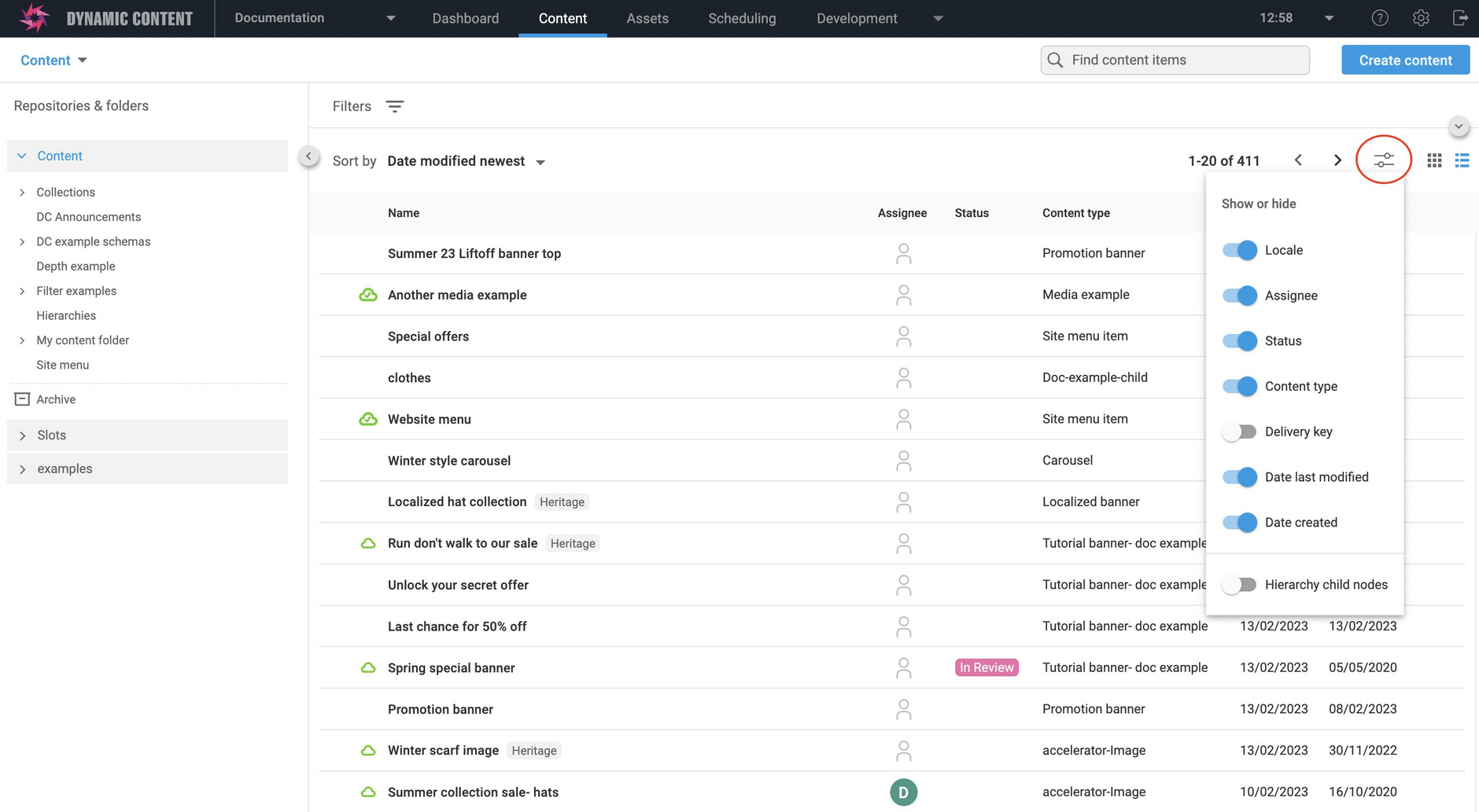 Configurable columns in list view