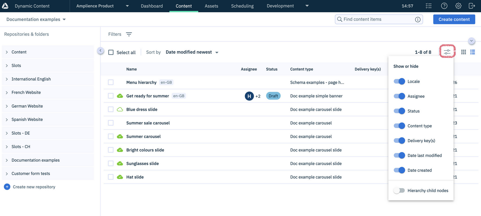 The Dynamic Content library window with the list settings menu displayed