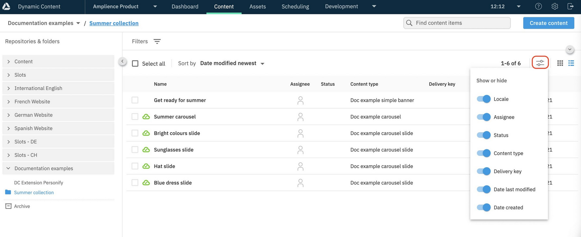 Content library list settings menu