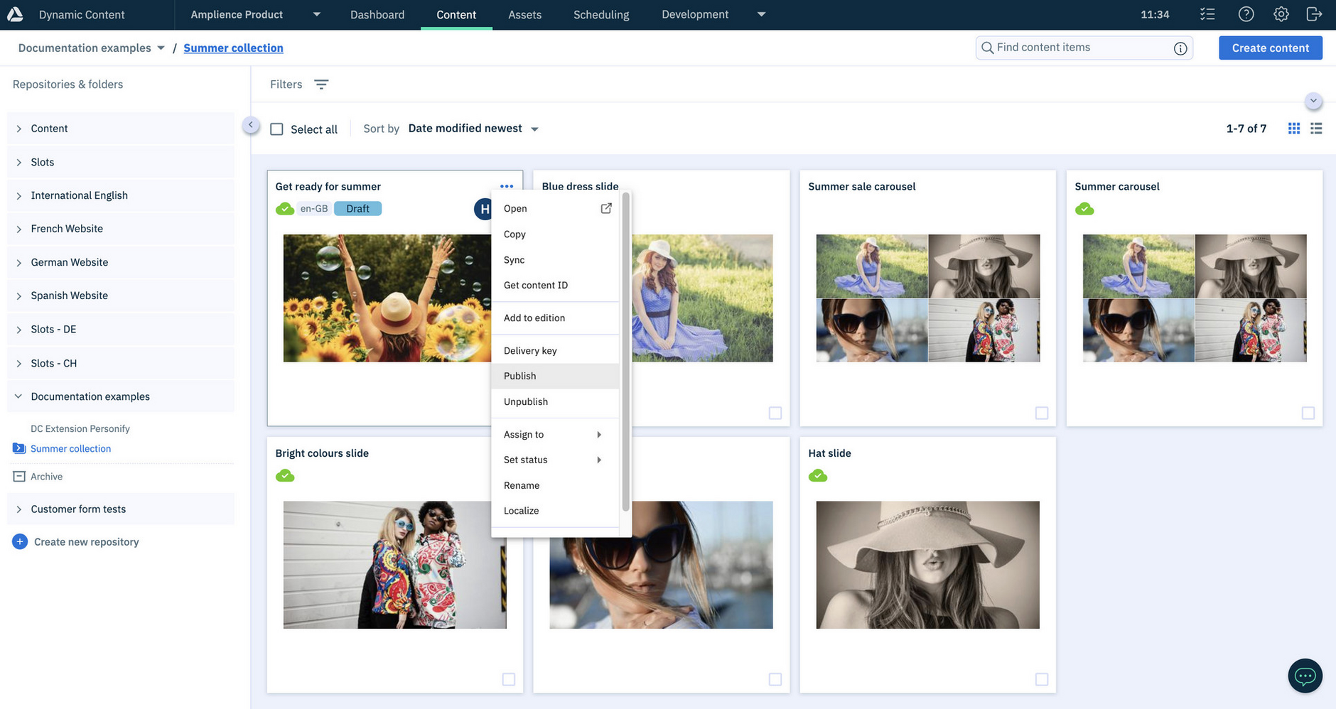 The Dynamic Content library window with contextual menu open