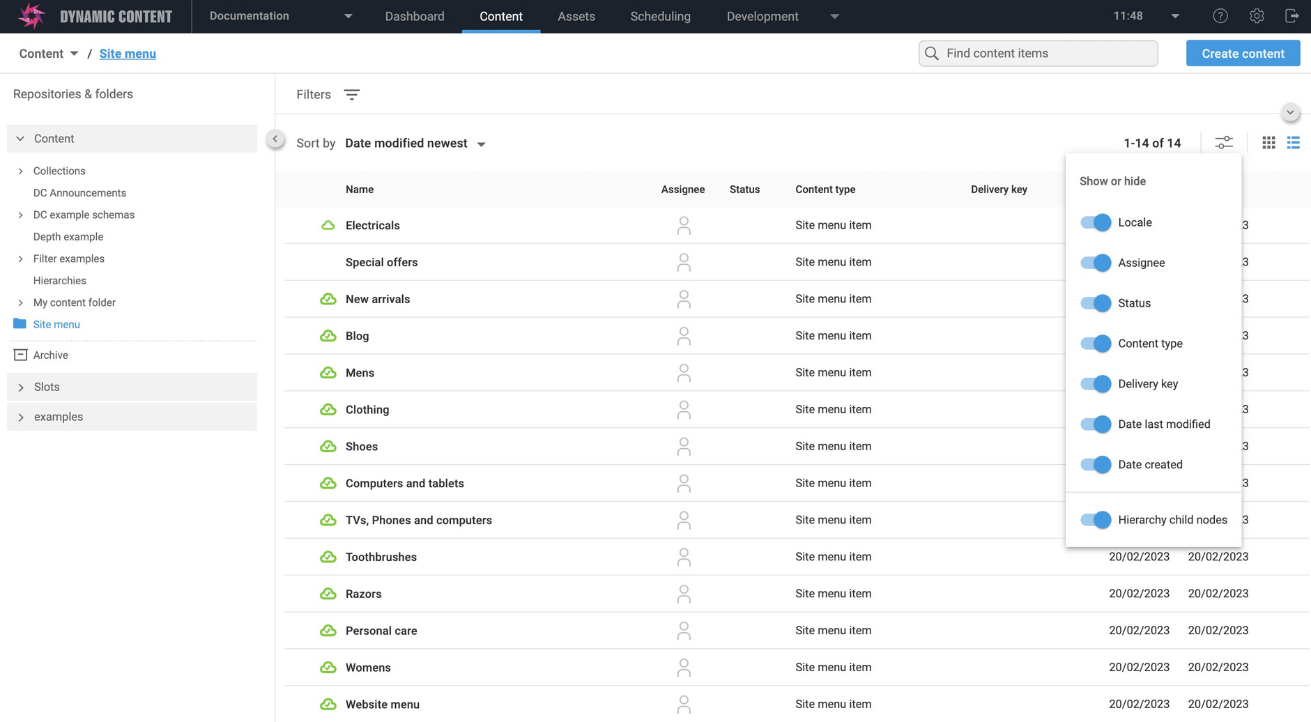 Content library list settings menu