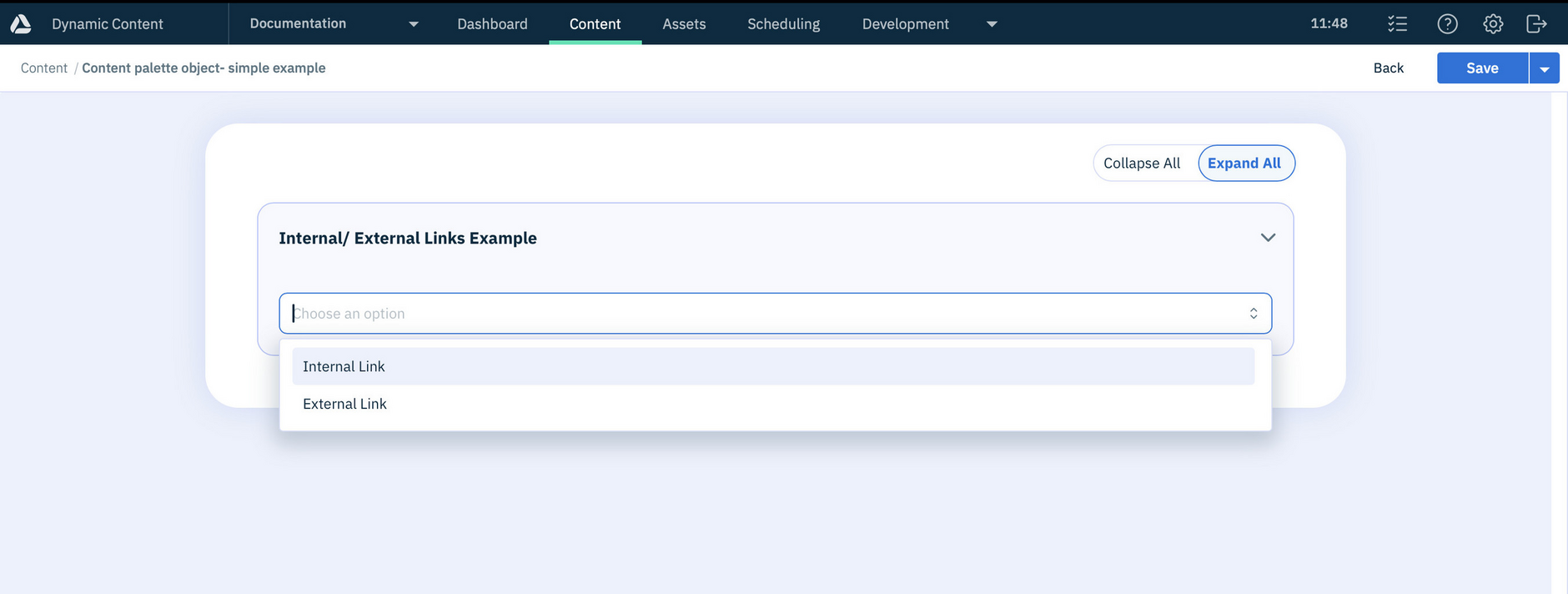 Choosing between two options using a content palette