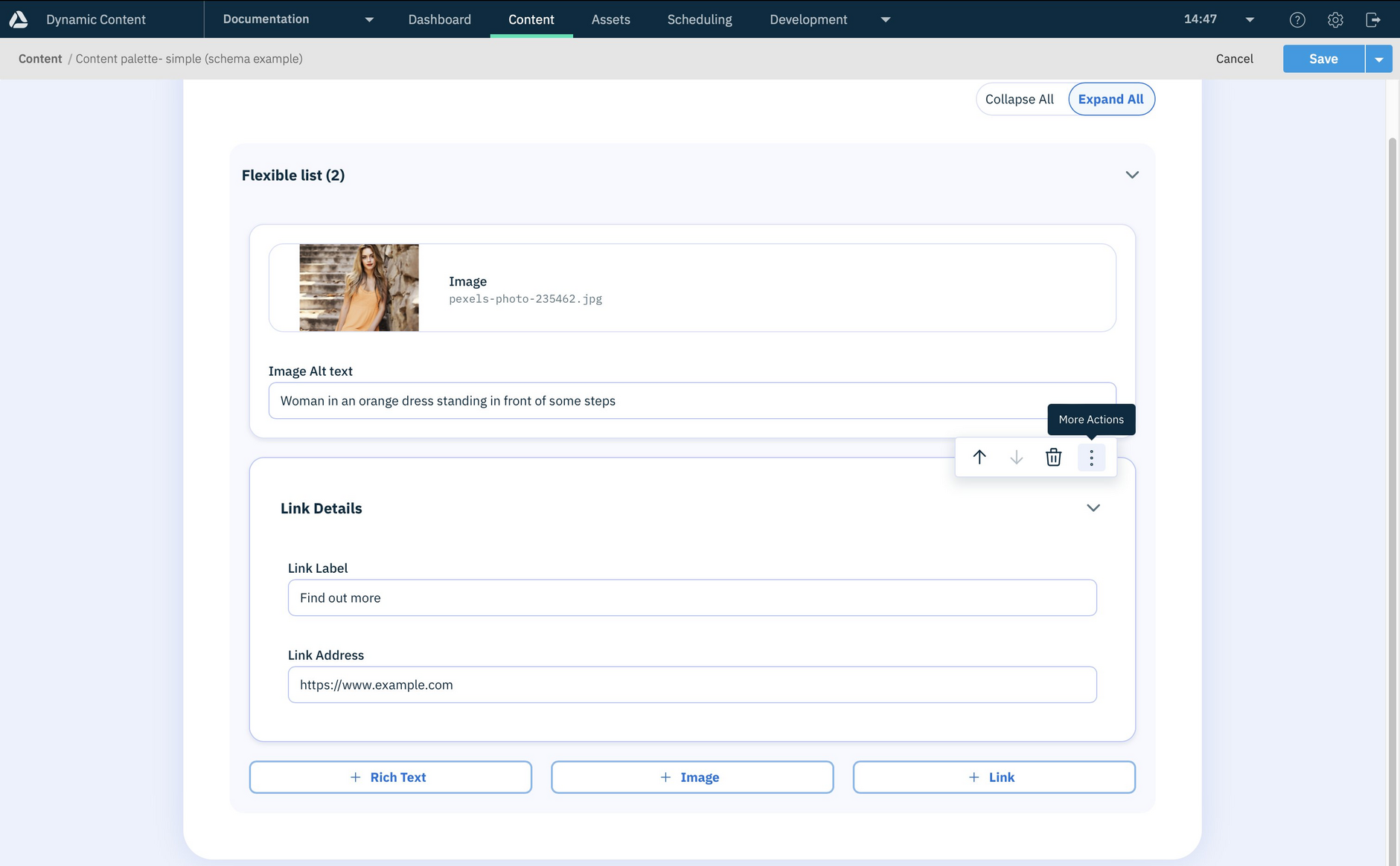 The content form showing content with a simple content palette. You can choose the items to add using the buttons