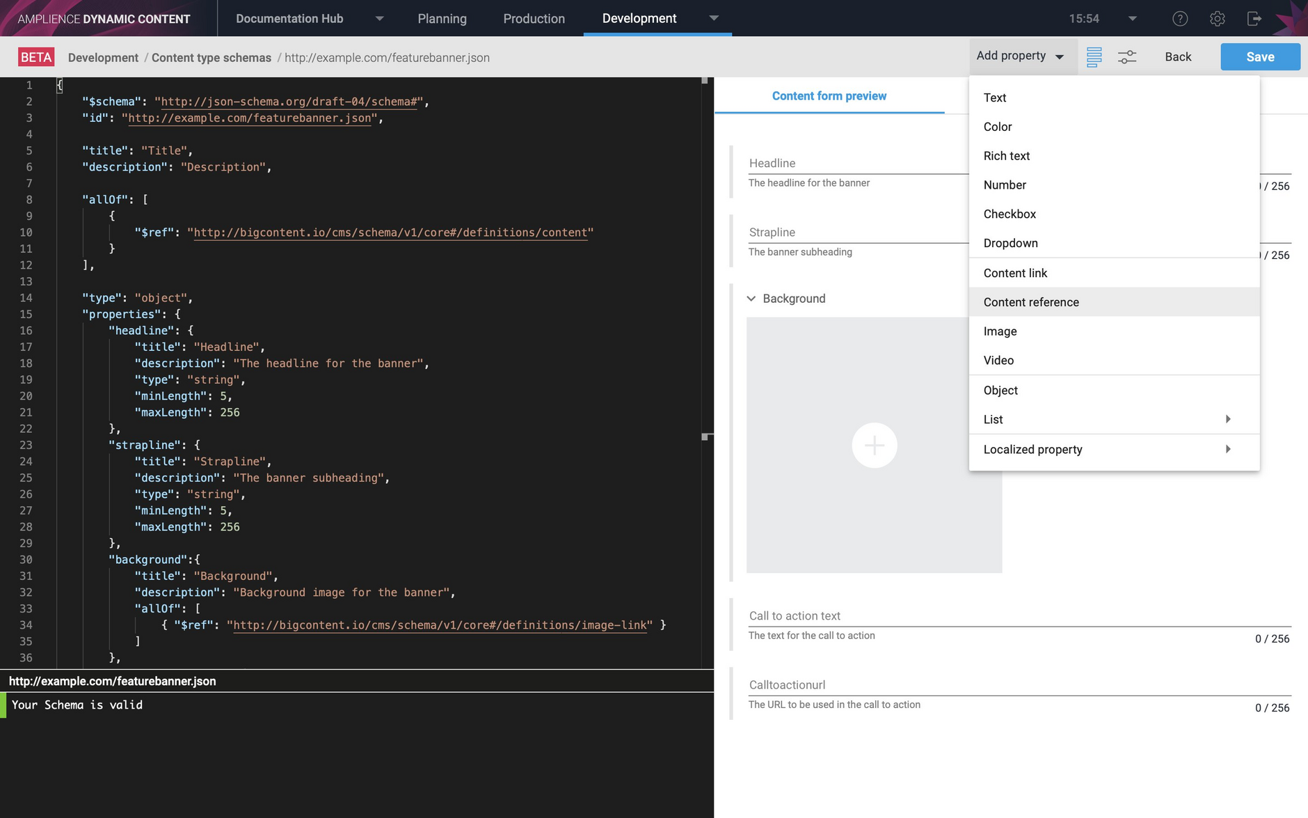 Adding a content reference property using the Schema Editor