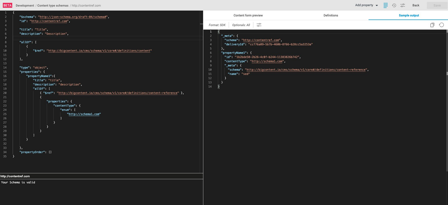 Viewing sample JSON output for a content reference property