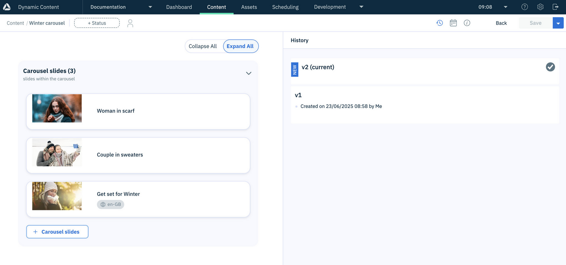 Deleting a carousel slide will create a new version of the carousel