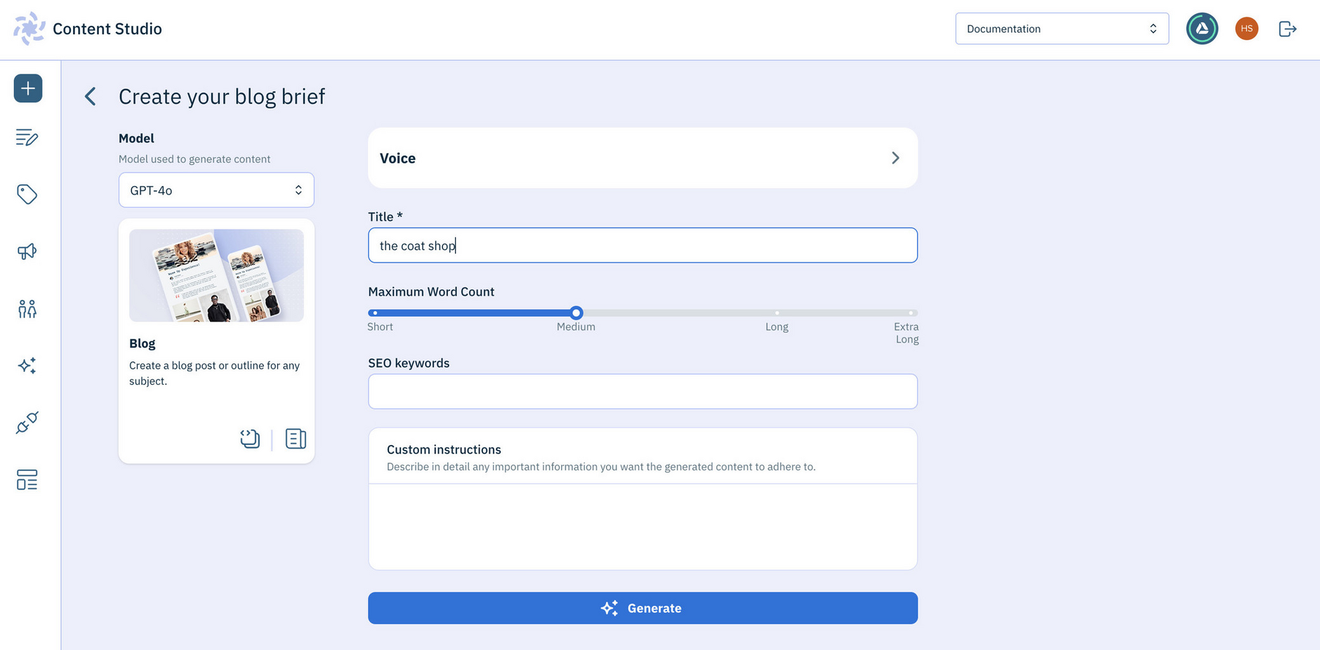 Generate the blog post in Content Studio