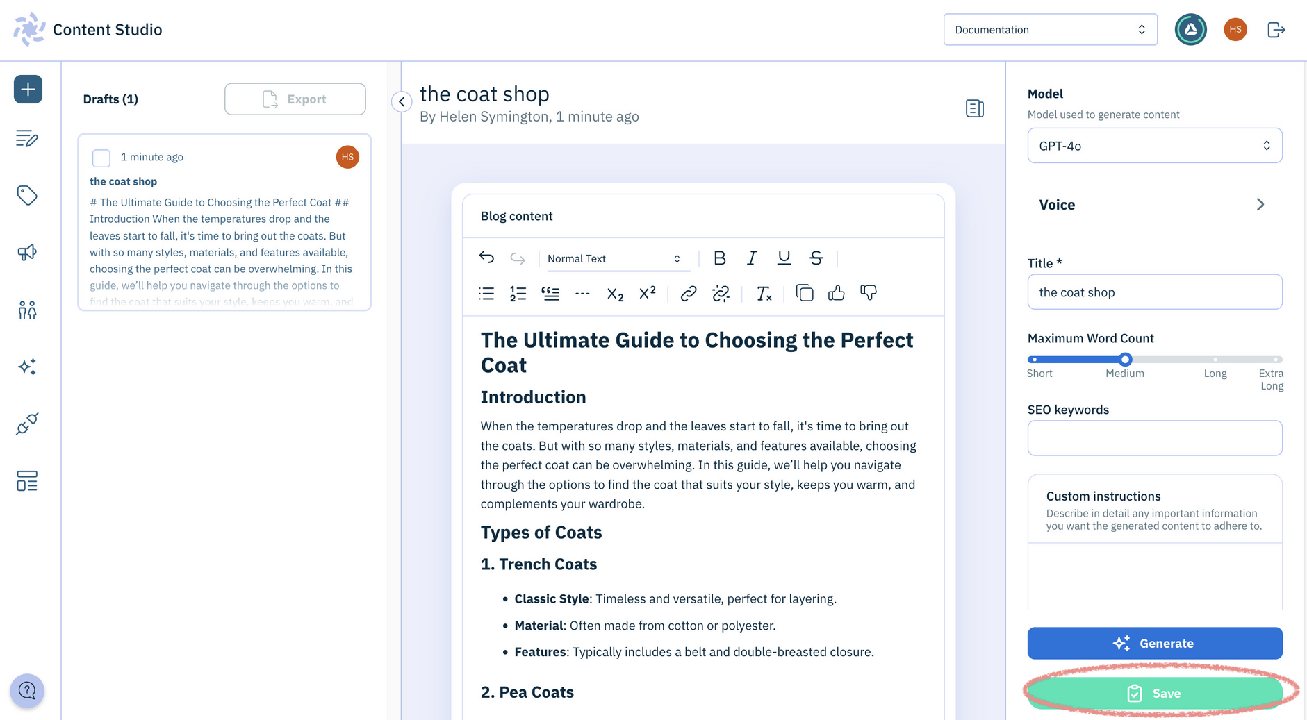 Save the generated content in Content Studio