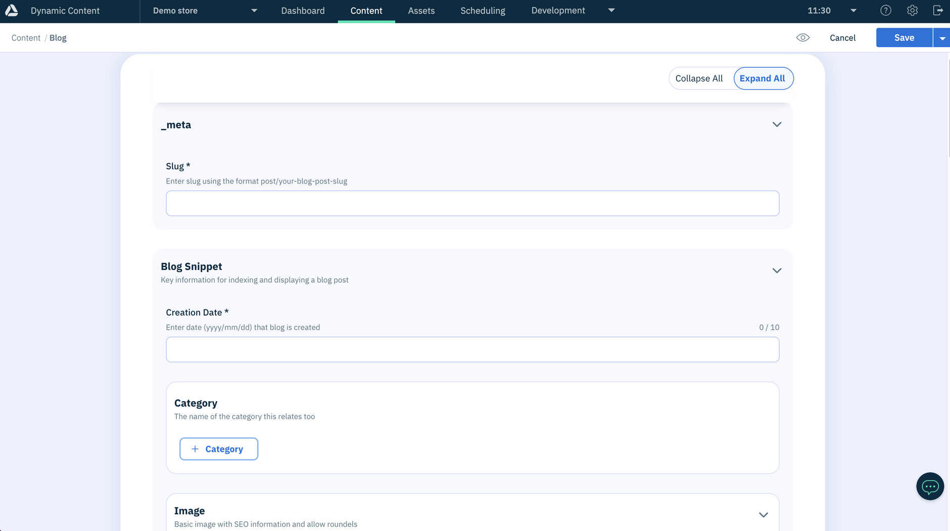 Blog type in the content authoring experience
