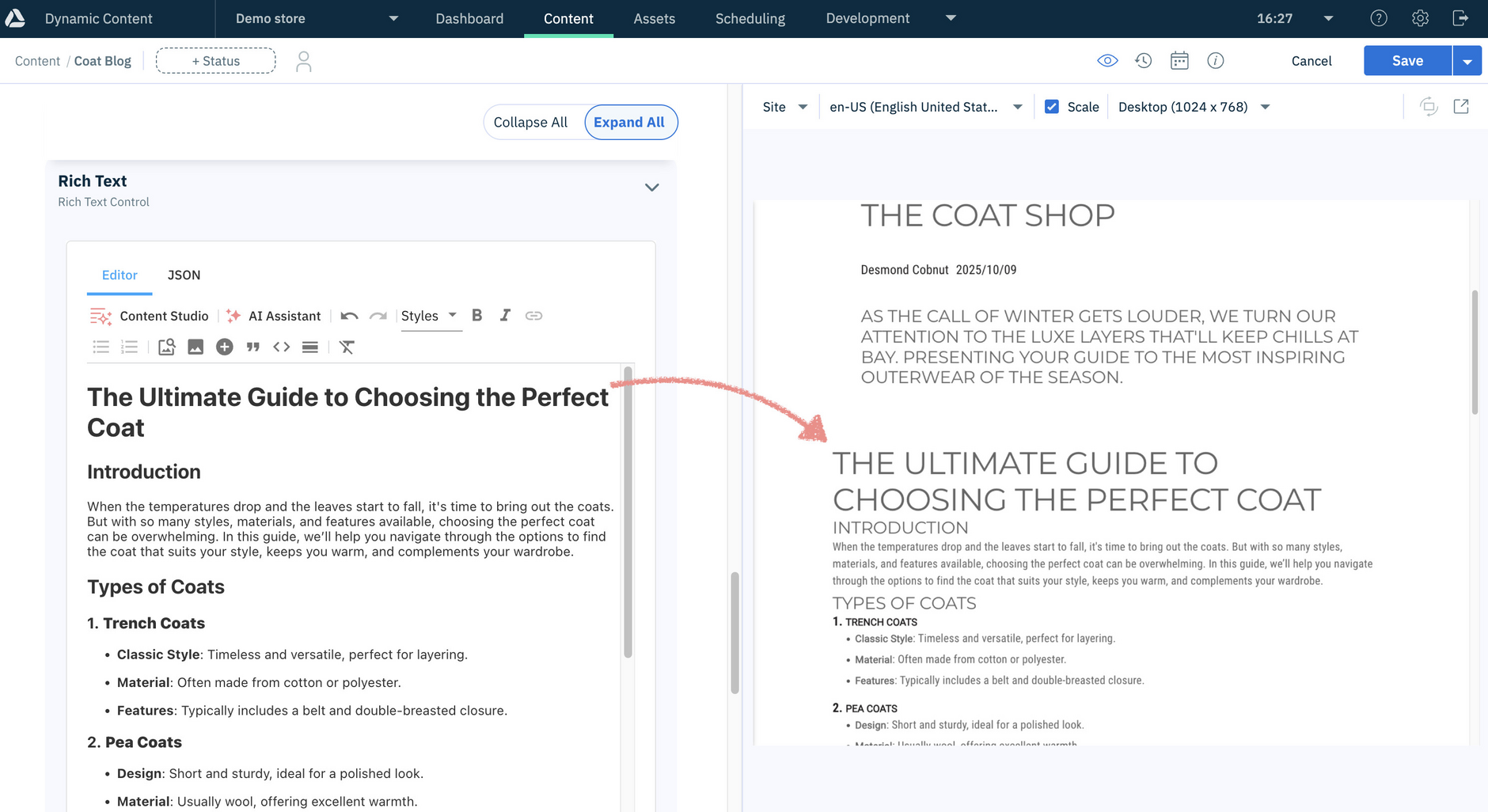 Generated content saved back to Dynamic Content Studio
