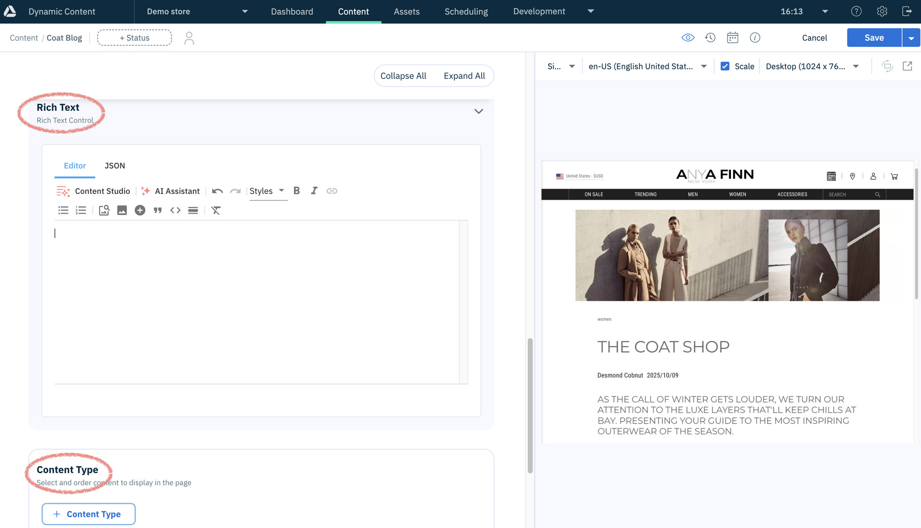 Blog post fields for adding content
