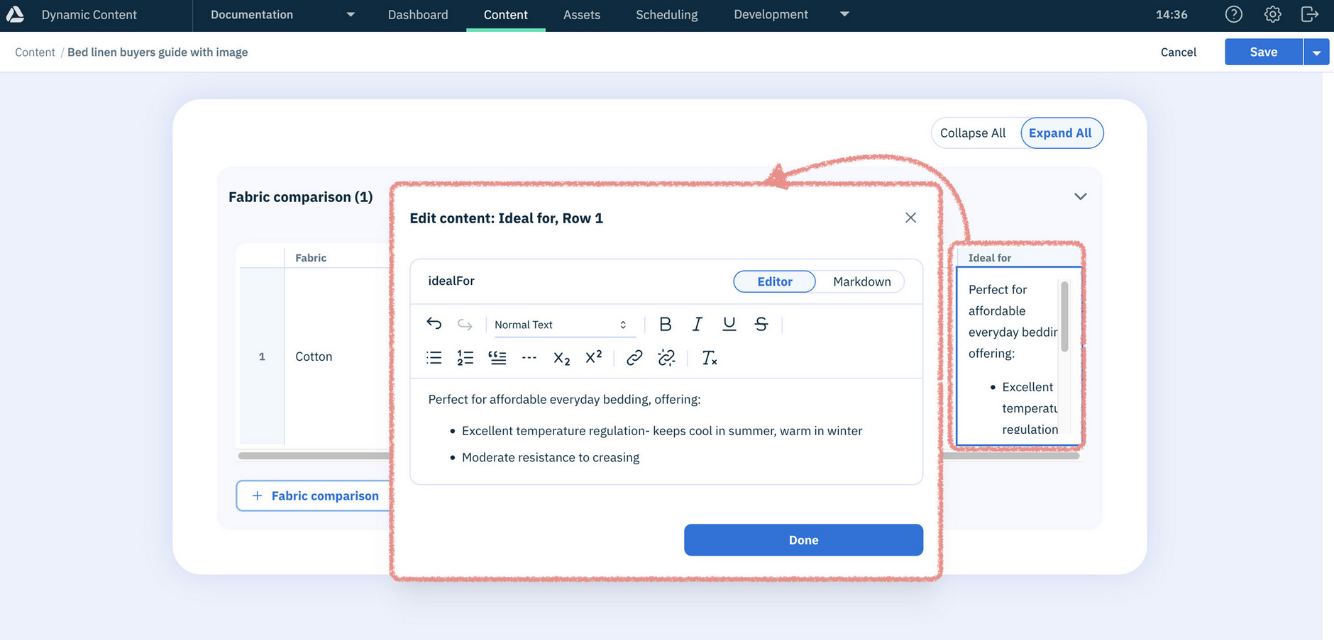 Entering rich text in the feature comparison