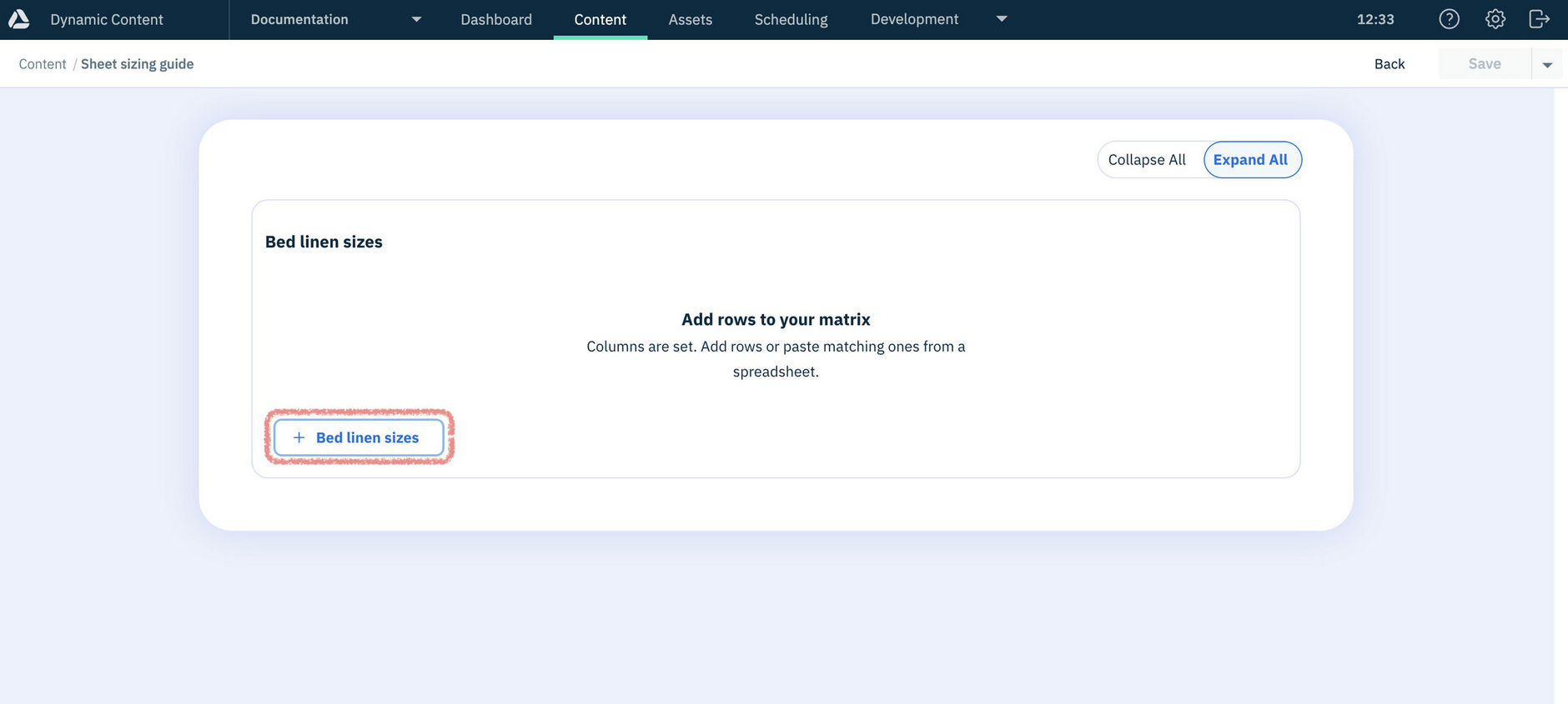 Start creating the bed linen size chart