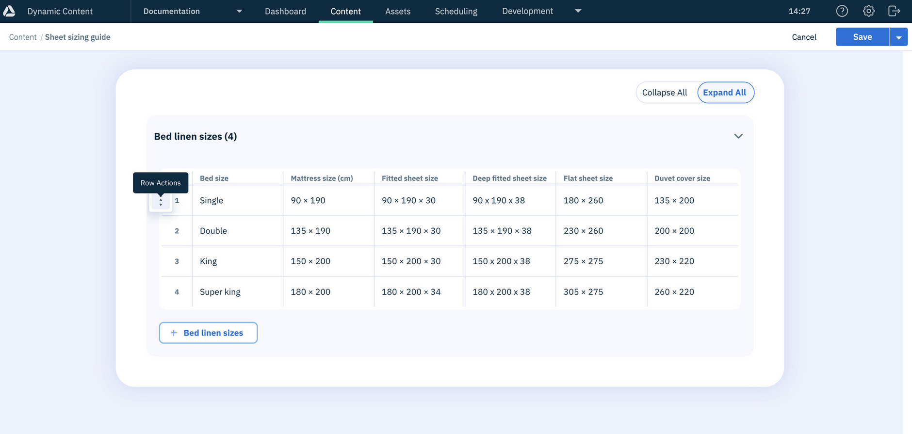 Bed linen size chart