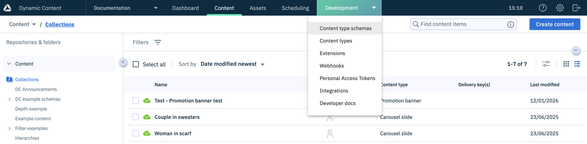 Content type schemas are available from the development menu
