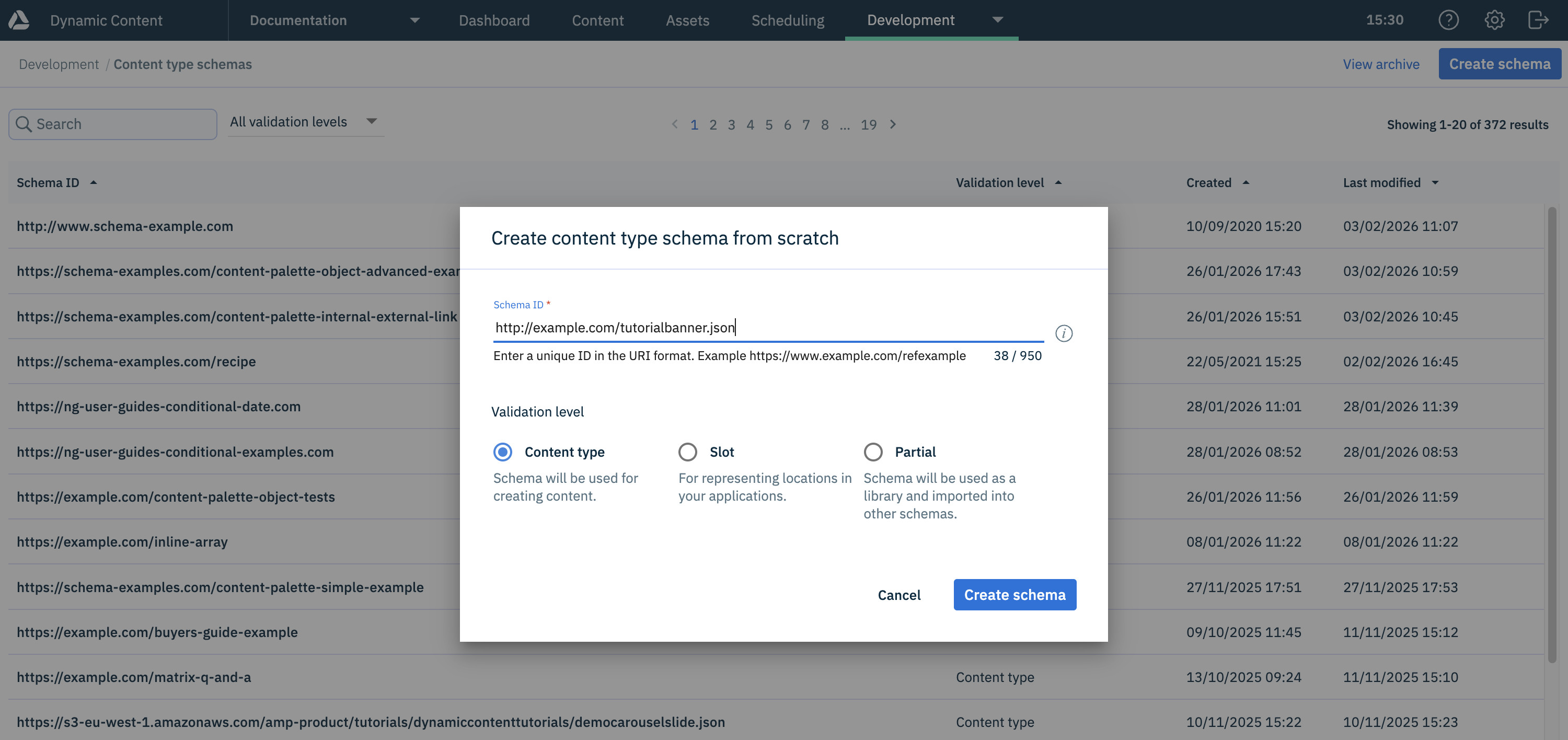 Entering the schema URL and choosing the validation type