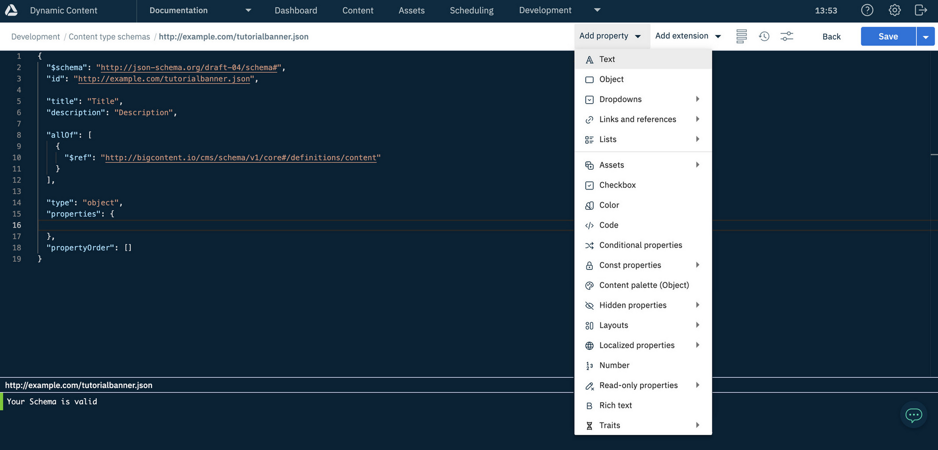 The schema editor opens with the outline of the schema