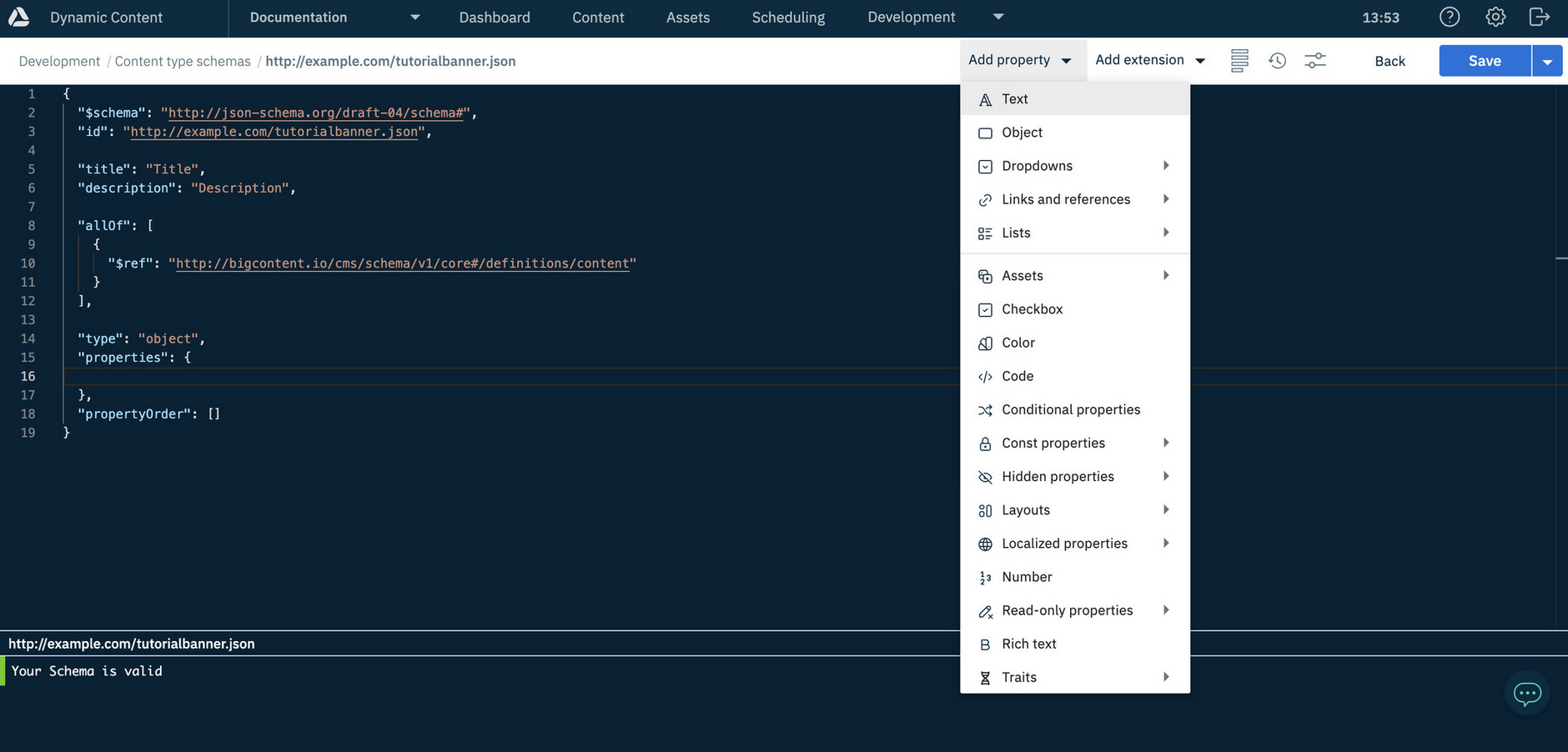 The schema editor opens with the outline of the schema