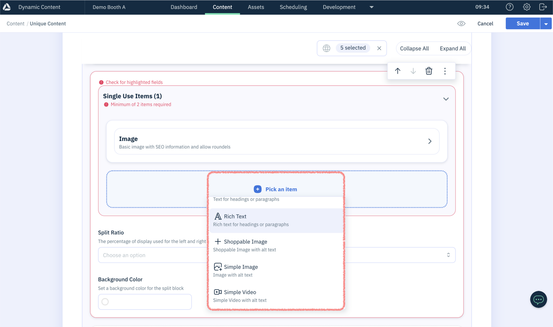 Story choose to add text to split block