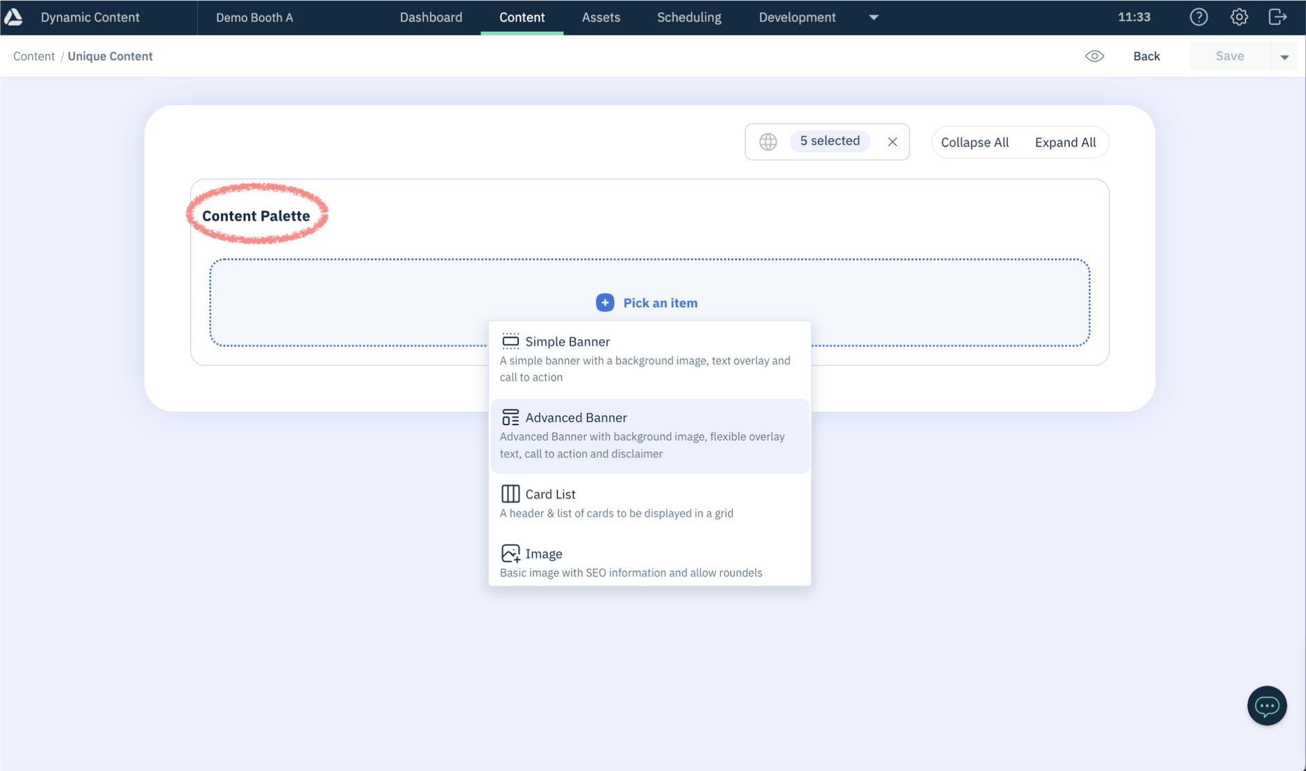 Content authoring experience showing a content palette