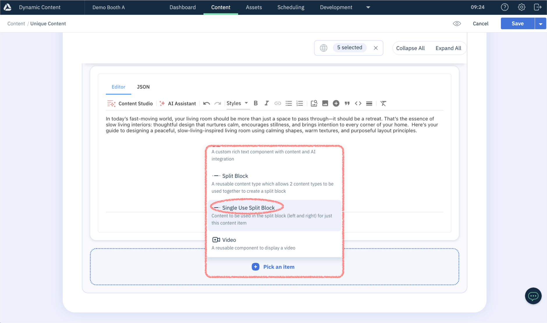 Story single use split block option